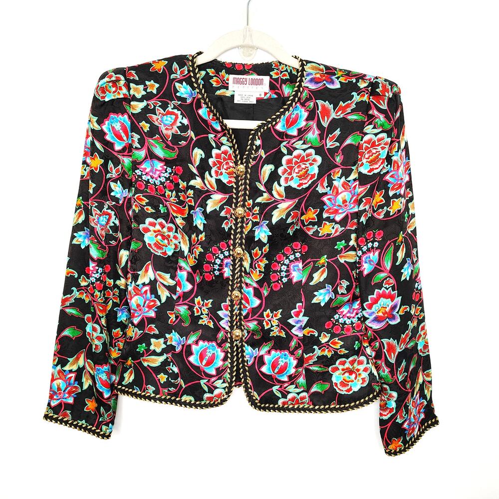 Vintage Maggy London Womens 8 Blazer Jacket Silk Multicolor Floral Bright 80s - Picture 2 of 13